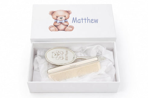 Engraved Silver-Plated Bear Brush & Comb Set Newborn Grooming Kit, Soft Bristle