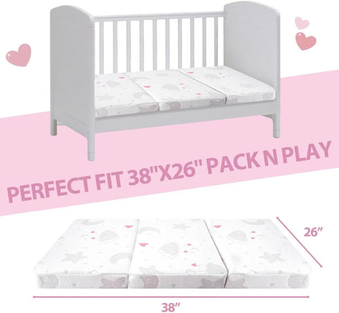 Pack 38"x26"x3'' Pack and Play Mattress Trifold - Dual-Sided Memory Foam N Play Mattresses - Portable Baby Crib