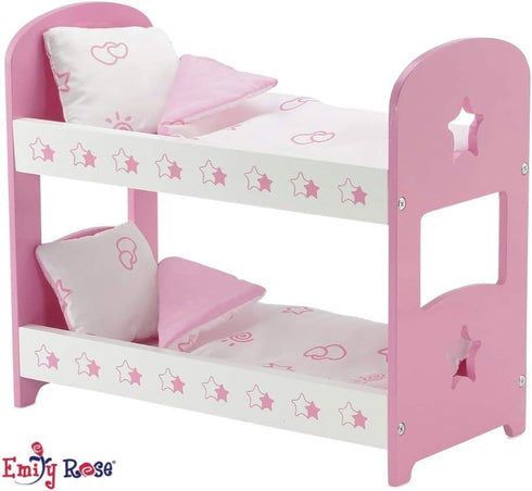 14 Inch Set 2 Sets 14 Emily Rose Doll Bunk Bed - Pink/White Wooden Furniture with Complete Bedding - Fits Wellie