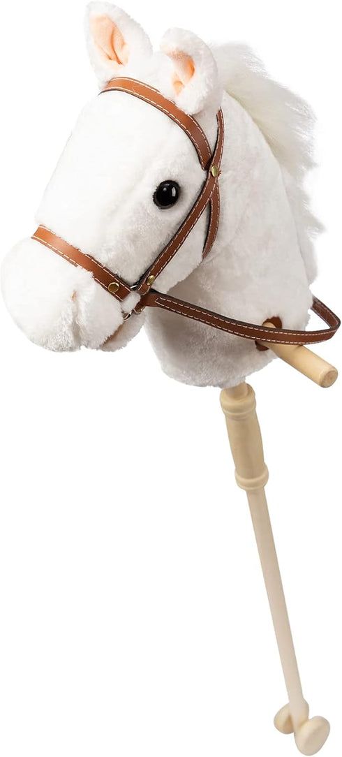 HollyHOME Stick Horse Plush Handcrafted Hobby Horse with Wood Wheels, Neighing and Galloping Sounds, White, 36 Inches
