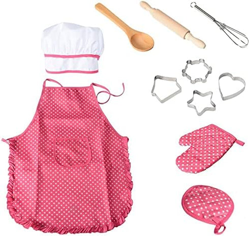 Acekid Set Kids,11pcs Chef for Kitchen Costume Role Play Kits, Girls Apron with Chef Hat,Cooking Mitt and Cookie