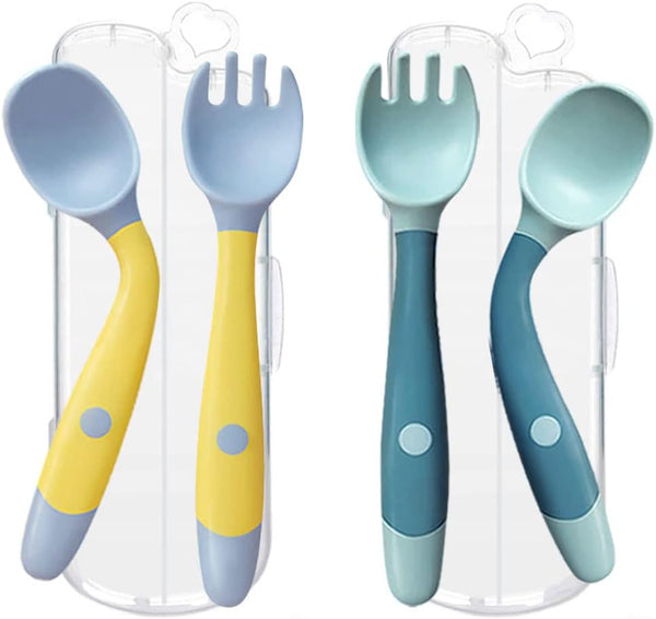 Toddler Utensils with Travel Case, Baby Spoon and Fork Set for Self-Feeding Learning (2 Set, Yellow & Green)