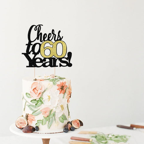 LVEUD Black Font Golden Numbers Cheers to 60 Years Happy Birthday Cake Topper - Wedding, Anniversary, Birthday