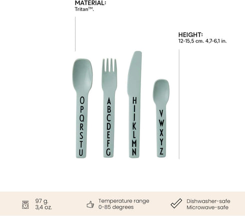 Design Letters Eat & Learn Toddler Fork, Knife & Spoon Set - 4 Design in Denmark, BPA/BPS Free, Green