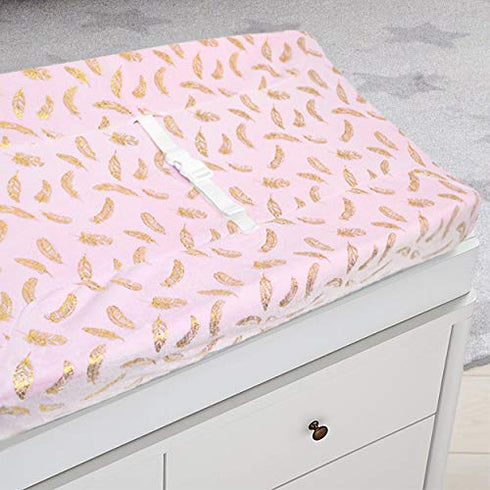 American Baby Company Heavenly Soft Chenille Fitted Contoured Changing Pad Cover, Sparkle Gold Feather on Pink