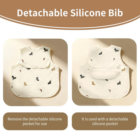 Cococu 6-24M(Beige Baby Bibs for Eating,Baby Smock bib with Silicone Catcher, Waterproof Baby Bib Shirt, Baby Feeding