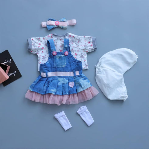 Reborn Baby Doll Clothes for 17-22 Inch Newborn Girl, Outfit Accessories with Denim Skirt 5pcs Set