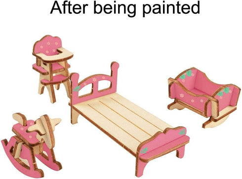 BOHS 34-Piece Dollhouse Furniture Set, Laser Cut Wooden 3D Puzzles for Miniature Doll House DIY Models