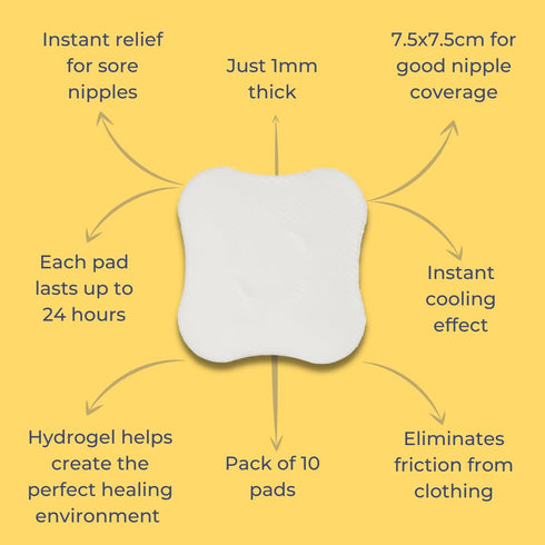 First Days Maternity - Hydrogel Breast Pads for Sore Nipples, Instant Cooling Relief, Suitable for All Skin Types, Pads with Soft Fabric Backing and 1 mm Thickness, 7.5 cm x 7.5 cm, Pack of 10 Pads