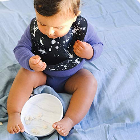 Silicone Baby Bib with Food Catcher - Adjustable Waterproof Feeding Bib for 4-36 Months, Paint Splatter on Black