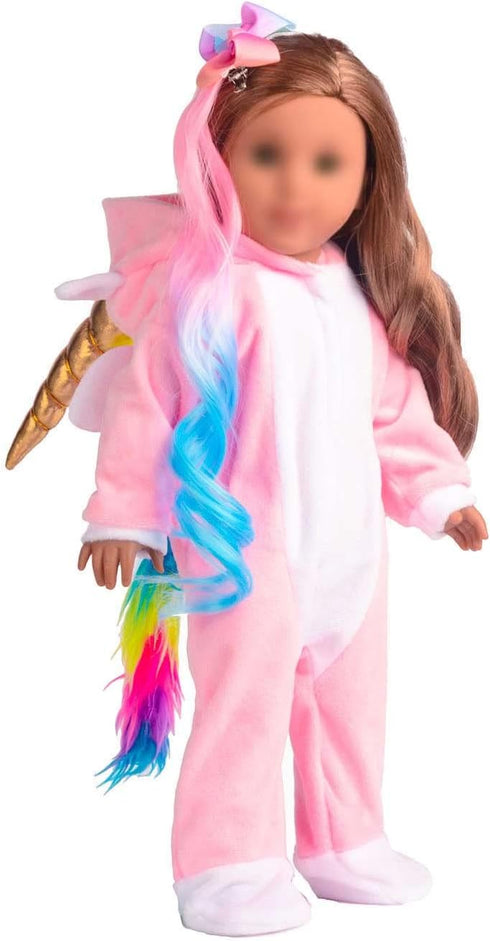 18 Inch Doll Clothes Unicorn Onesie Pajamas with Rainbow Color Hair Bow Clips Costume (Doll Not Included)