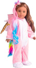 18 Inch Doll Clothes Unicorn Onesie Pajamas with Rainbow Color Hair Bow Clips Costume (Doll Not Included)