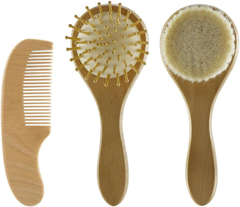FRCOLOR Wooden Handle Hair Brush and Comb Set with Soft Wool Bristles