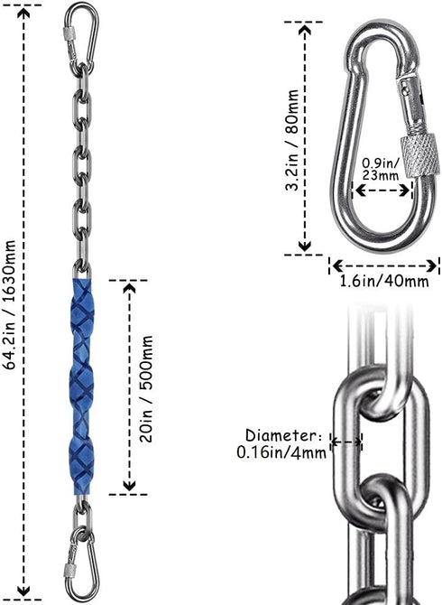 2 Stainless Steel Chains (64") - Heavy Duty Swing Hardware with 4 Quick Connection Buckles for Indoor and Outdoor