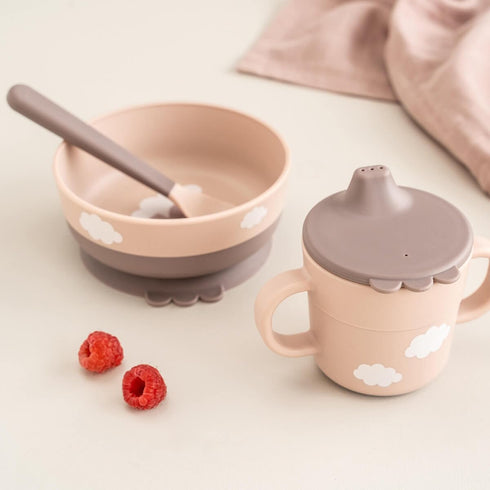 Set 2-Handle Set Done by Deer Foodie First Meal with Suction Base Bowl, Spout Cup & Spoon Happy Clouds Design in Powder