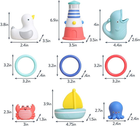 Set 12-Piece Sailboat Itzy Ritzy Bathtime Gift Baby Bath Toys for Infants & Toddlers Stacking Lighthouse, Ring Toss