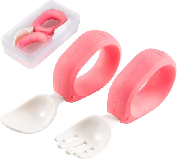 Baby Self Feeding Training Spoon and Fork Set with Travel Case, BPA-Free Toddler Utensils, Silicone/ABS (Pink)