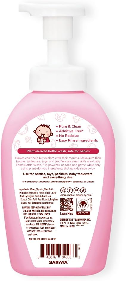 15.21 Oz Arau Baby Unscented Foam Bottle Wash, Natural Plant Based Baby Bottle & Dish Soap, No Artificial Fragrance
