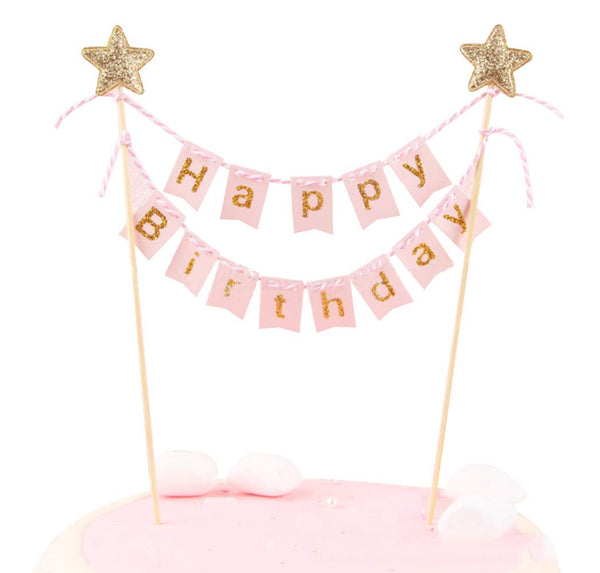 Happy Birthday Cake Topper Banner, Handmade Ivory Pennant Flag with Wooden Poles, Perfect for Cakes and Cupcakes