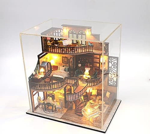 Lannso DIY Dollhouse Miniature Kit with Dust Proof Cover and Music Box, Mini Wooden Dollhouse Toys