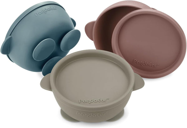 PandaEar 3 Pack Baby Bowls with Suction, Silicone Toddler Bowls with Lids, No Spill Feeding Bowl Set for Baby Infant,