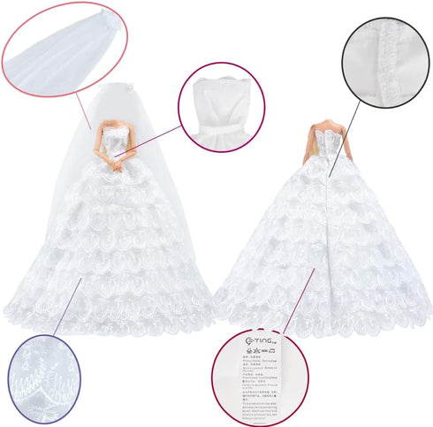 11.5 inch E-TING White Gorgeous Long Wedding Dress Princess Gown Clothes with Veil for DollsDoll Not Included