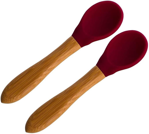 Babynow Bamboo Baby Spoons Pack of 2, Self-Feeding Supplies for 6+ Months Babies & Toddlers in Soft Tip Designs BURGUNDY