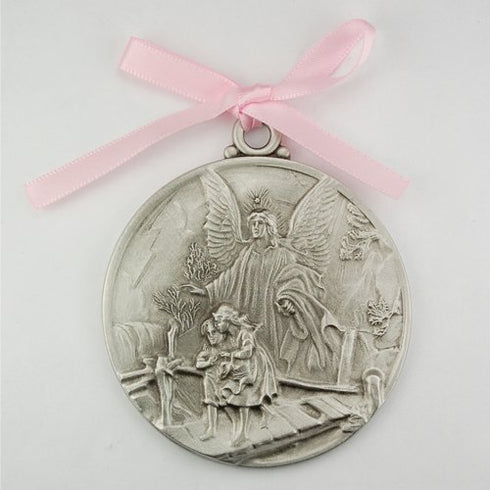 KeegansCatholicTreasures Guardian Angel Crib Medal Pink Ribbon Round 2 3/4 Great Gift great