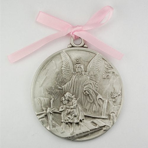 KeegansCatholicTreasures Guardian Angel Crib Medal Pink Ribbon Round 2 3/4 Great Gift great