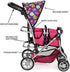 Pink Flower Twin Doll Stroller with Adjustable Handle & Diaper Bag