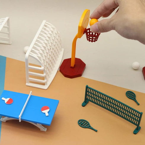 Doll House Accessories Miniature Table Tennis Set, Basketball Hoop & Fun Sports Novelty Ball Bats