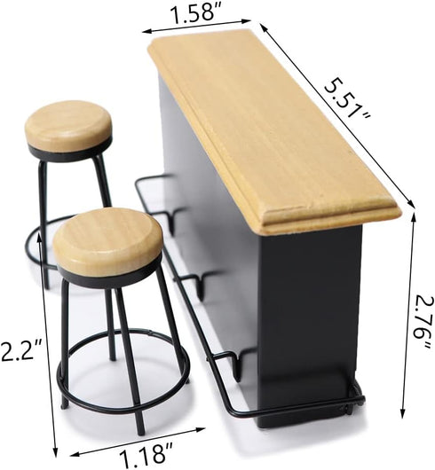Dollhouse Furniture Metal Bar Table & Chair - Wood Top Pub Set, 1:12 Scale Miniature Accessories, Bar Counter Stool