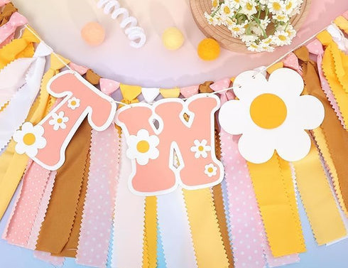 UOAOU 2nd Groovy Two Birthday High Chair Banner - Two Groovy Birthday Decorations,Retro Daisy Party Hghchair,Hippie