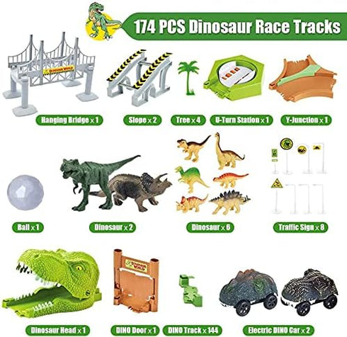 174 Playset 8 PCS Flexible Dinosaur Train Tracks and Race Cars with Dinosaurs Figures, Electric Vehicles, Lights