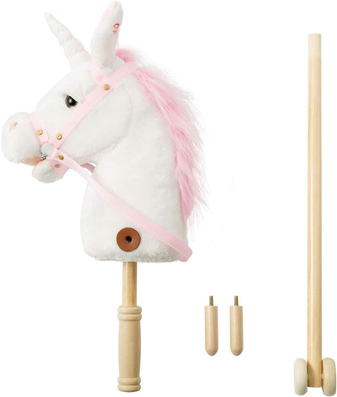 HollyHOME Plush Unicorn Stick Horse with Wood Wheels - Real Pony Neighing & Galloping Sounds Plush Toy - White 37