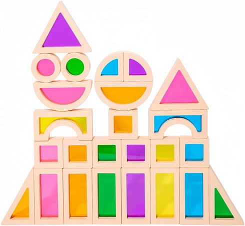 Wooden Rainbow Blocks, Acrylic Blocks, Colorful Preschool Learning Educational Toys for Toddlers (25 PCS)