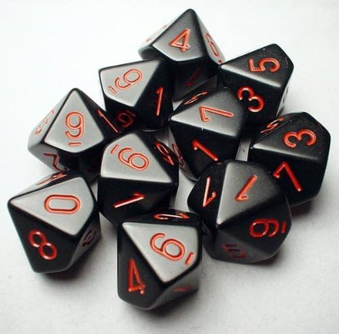 Chessex Dice Sets: Opaque Black with Red - Ten Sided Die d10 Set (10) (26218)