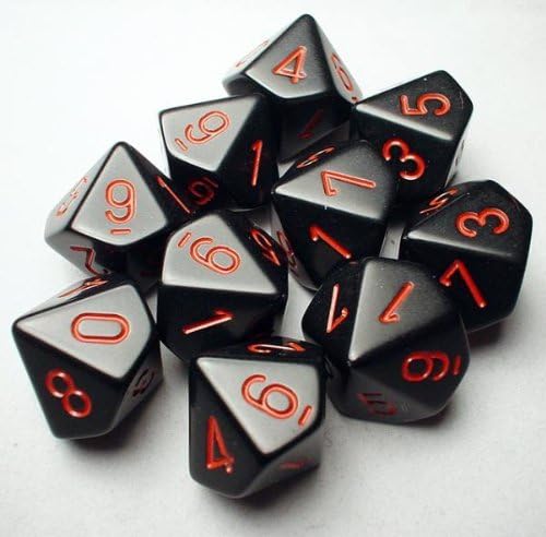 Chessex Dice Sets: Opaque Black with Red - Ten Sided Die d10 Set (10) (26218)