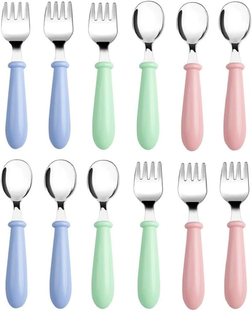 Pimoys 12 Pieces Toddler Utensils Set, Stainless Steel Baby Forks and Spoons, Safe Cutlery for Self Feeding