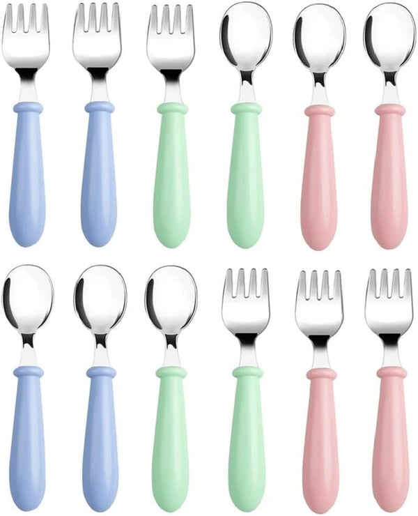 Pimoys 12 Pieces Toddler Utensils Set, Stainless Steel Baby Forks and Spoons, Safe Cutlery for Self Feeding