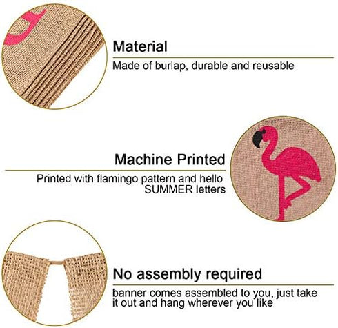 Hello Summer Burlap Banner Rustic Summer Decoration with Flamingo Pattern for Pool Party, Beach Party, Barbecue