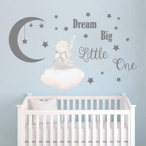 Runtoo Dream Big Little One Wall Decals, Elephant Inspirational Quotes Kids Wall Stickers for Nursery, Bedroom,