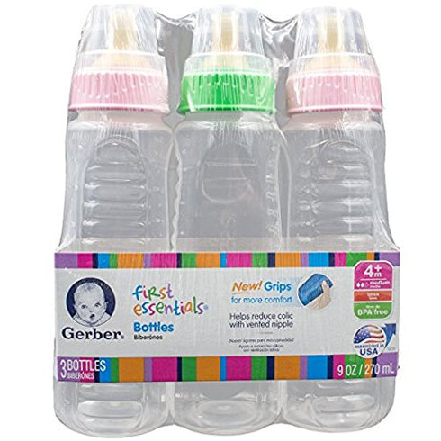 3 Pack Gerber First Essential Clear View Plastic Nurser With Latex Nipple, BPA Free, Colors may vary