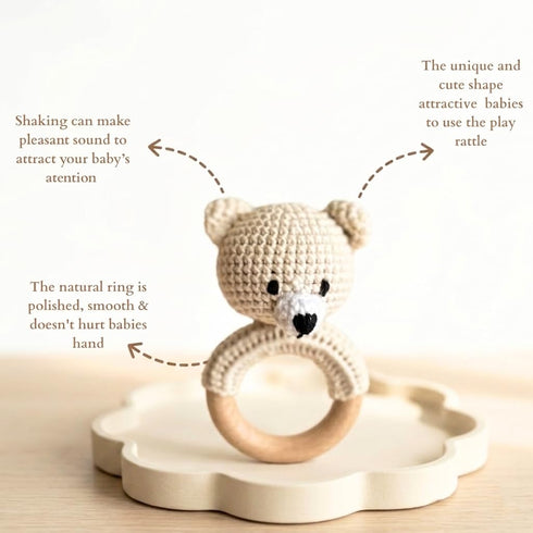 Generic Set 0-12 Organic Crochet Bear Baby Rattle Toy - Handmade Newborn Gift with Teether & Pacifier Holder - BPA-Free