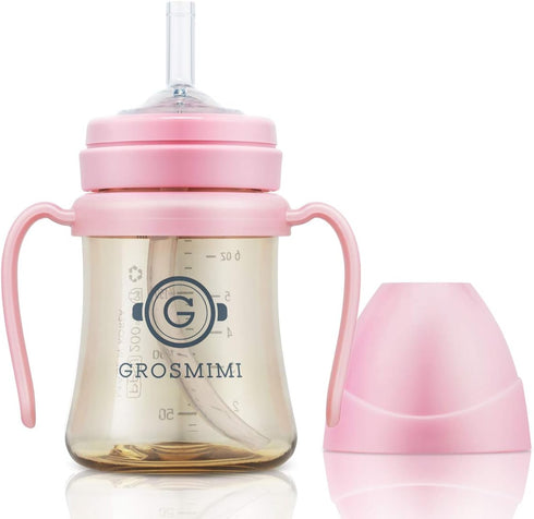 GROSMIMI 6 oz 2 Pack PPSU Spill Proof Magic Sippy Cup Bundle (Pink,Peach)