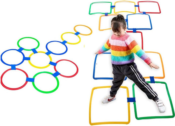 Hopscotch Squares and Ring Games - 11in/15in with 25 Connectors for Kids - Balance Agility Training Obstacle Course