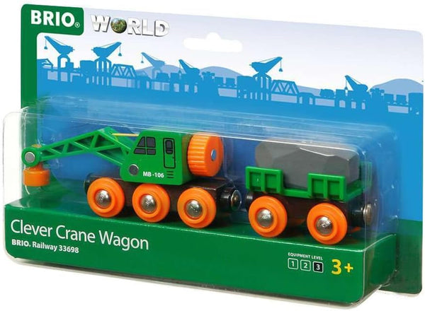 BRIO World 33698 Clever Crane Wagon Set - 4 Piece Wooden Toy Train Set for Kids