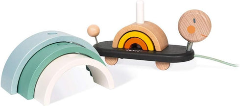 Janod Sweet Cocoon Wooden Rainbow Turtle - 7 Piece Stacking & Pull Toy with 6 Pastel Arches for Ages 18 Months+