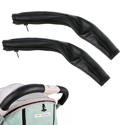 Baby Stroller Armrest Protective Cover, 2 Pcs Zipped Leather Handle Covers for Pushchair (Black)