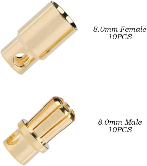 10 Pairs Gold-Plated 8mm Male Female Banana Plugs Bullet Connector for RC Battery ESC Motor